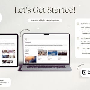 May include: A digital product advertisement featuring a laptop, tablet, and smartphone displaying a Notion template. The text "Let's Get Started!" is at the top. The image includes instructions and a "Made for Notion" logo.
