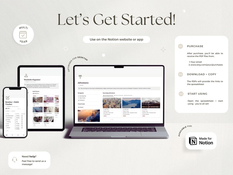 May include: A digital product advertisement featuring a laptop, tablet, and smartphone displaying a Notion template. The text "Let's Get Started!" is at the top. The image includes instructions and a "Made for Notion" logo.