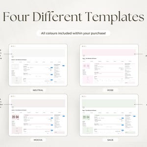 May include: Four different templates are displayed, each with a unique color scheme: neutral, rose, mocha, and sage. The text states that all colors are included with purchase. Each template is designed to give a different vibe.