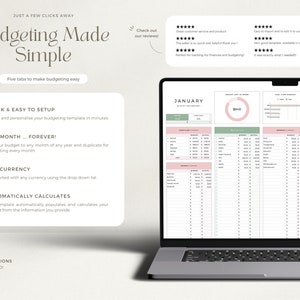 May include: A laptop computer displaying a budgeting spreadsheet with a green and pink color scheme. The spreadsheet is titled "January" and includes columns for income, expenses, and savings. The spreadsheet also includes a pie chart showing the allocation of funds. The text "Budgeting Made Simple" is displayed on the screen.