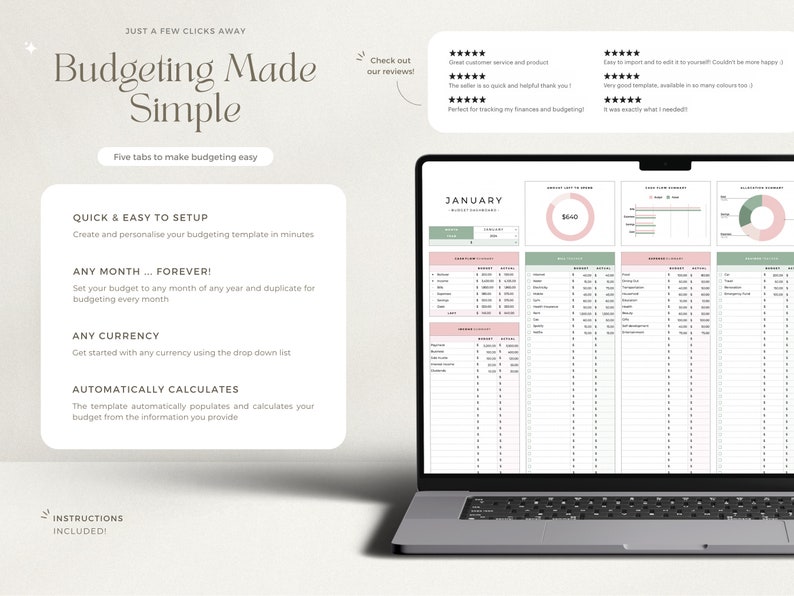 May include: A laptop computer displaying a budgeting spreadsheet with a green and pink color scheme. The spreadsheet is titled "January" and includes columns for income, expenses, and savings. The spreadsheet also includes a pie chart showing the allocation of funds. The text "Budgeting Made Simple" is displayed on the screen.