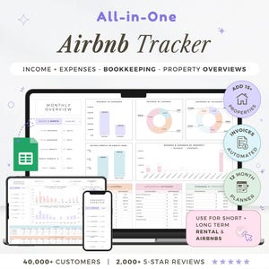 Puede incluir: Un rastreador digital de Airbnb que se muestra en una computadora portátil, tableta y teléfono inteligente. La interfaz muestra ingresos, gastos y descripciones generales de la propiedad. El texto incluye "All-in-One Airbnb Tracker", "40.000+ clientes" y "2.000+ reseñas de 5 estrellas."