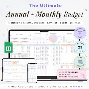 Annual & Monthly Budget Spreadsheet Google Sheets BiweeklyTemplate Savings Subscription Tracker Debt Snowball Sinking Funds Tracker Income