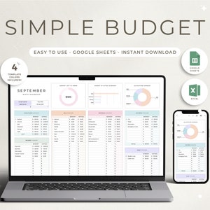 Può includere: Un computer portatile che mostra un foglio di calcolo con un modello di budget semplice per il mese di settembre. Il foglio di calcolo include sezioni per entrate, spese e un cruscotto di budget. Il modello è disponibile nei formati Google Sheets ed Excel. L'immagine include anche un telefono cellulare che mostra un modello di budget simile.