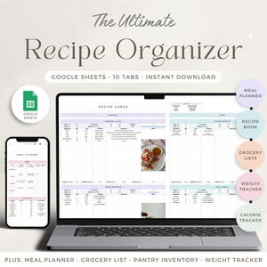Receptorganizer Spreadsheet Maaltijdplanner Digitaal receptenboek Automatische boodschappenlijst Afdrukbare voedselinventaris Google Spreadsheets Receptenlogboek