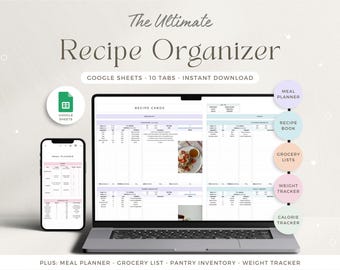 Recipe Organizer Spreadsheet Meal Planner Digital Recipe Book Automatic Grocery List Printable Food Inventory Google Sheets Recipe Log