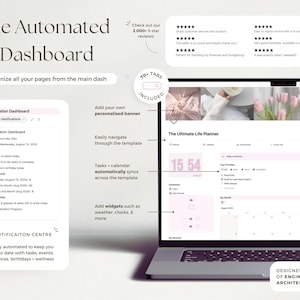 May include: A laptop screen displays a digital dashboard with the text "The Automated Dashboard." The interface includes sections for daily notifications, finances, and wellness, with a pink and white color scheme. The design is described as fully automated.