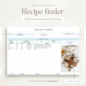 Puede incluir: Un planificador de b&uacute;squeda de recetas imprimible con un esquema de color azul y blanco. El planificador tiene secciones para buscar por categor&iacute;a, ajustar cantidades y agregar im&aacute;genes. El planificador incluye una receta de pan de masa madre.
