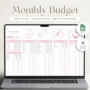Op de afbeelding: Een laptopscherm dat een Google Sheets-spreadsheet-sjabloon voor een maandelijks budget weergeeft. De spreadsheet heeft de titel "Januari" en bevat secties voor inkomsten, uitgaven en een budgetdashboard. De spreadsheet is ontworpen in een roze en witte kleurstelling.