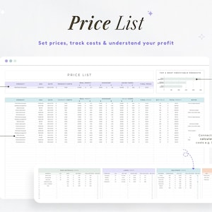 Op de afbeelding: Een digitale prijslijstsjabloon met de titel "Price List" en de tekst "Set prices, track costs & understand your profit." De sjabloon bevat secties voor productdetails, kosten en winstanalyse.
