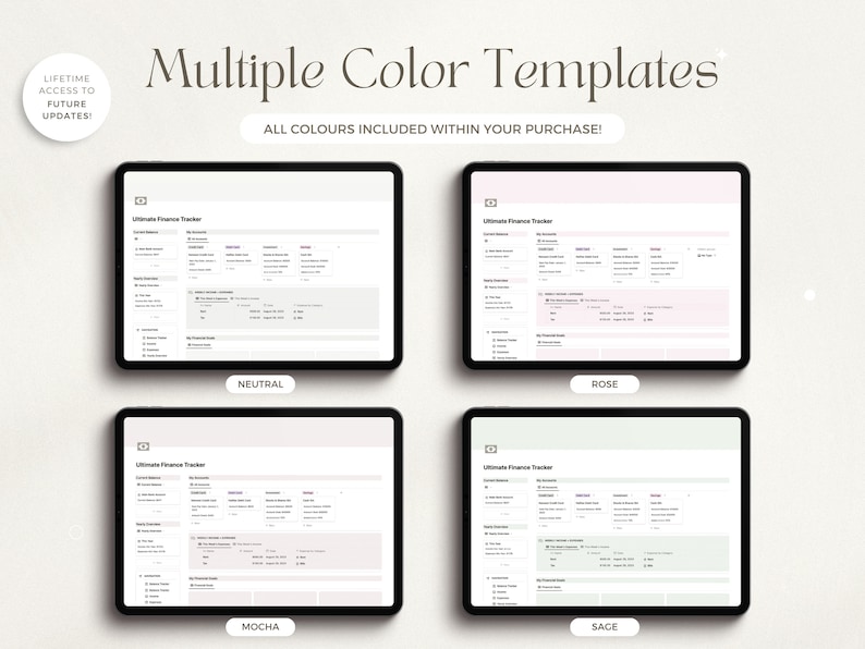 May include: Four digital templates for an Ultimate Finance Tracker in different color schemes: neutral, mocha, rose, and sage.  The templates are displayed on a tablet screen.