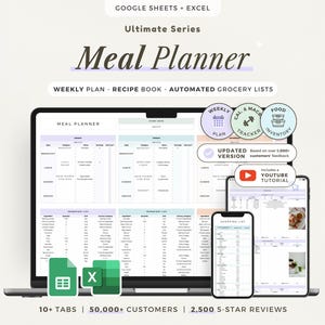 Wekelijkse maaltijdplanner Google Sheets receptendagboek maaltijdplanner printbare spreadsheet calorieëntracker automatische boodschappenlijst voedselinventaris