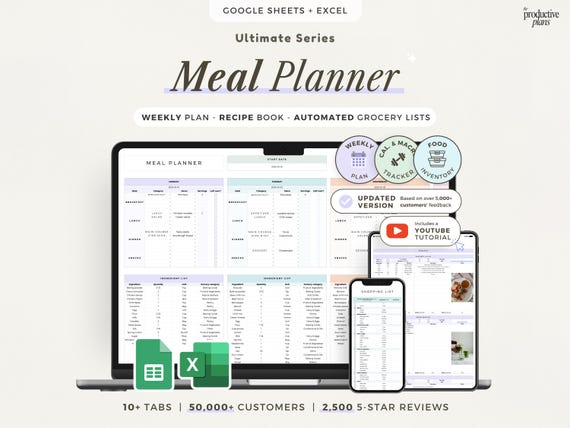 Weekly meal planner google sheets recipe journal meal planner printable spreadsheet calorie tracker automatic grocery list food inventory