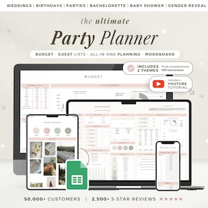 Könnte beinhalten: Eine digitale Partyplaner-Vorlage auf einem Desktop-Monitor, Tablet und Smartphone. Die Benutzeroberfläche enthält Bereiche für Budget, Gästelisten und Moodboards mit zartrosa Akzenten sowie Textbeschriftungen für Hochzeiten und Geburtstage.
