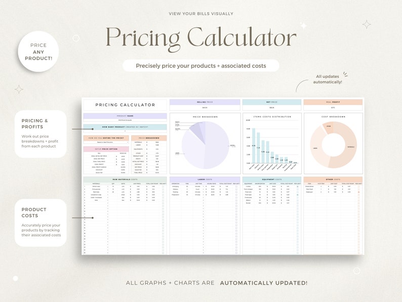 May include: A printable pricing calculator worksheet with charts and tables to help you calculate the price of your products. The worksheet includes sections for product name, cost breakdown, price breakdown, and profit margin. The worksheet is designed to help you track your costs and profits and make informed pricing decisions.