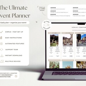 May include: A digital event planner template displayed on a laptop screen, featuring a venue comparison chart with four columns. The interface includes text labels for simple setup, automated features, and support, plus a 24-tab inclusion badge.