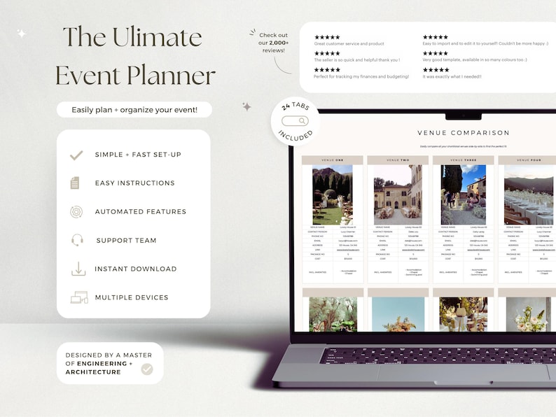 May include: A digital event planner template displayed on a laptop screen, featuring a venue comparison chart with four columns. The interface includes text labels for simple setup, automated features, and support, plus a 24-tab inclusion badge.