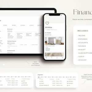 May include: A screenshot of a mobile app interface for managing finances. The app features a clean, modern design with a white background and black text. The app includes sections for income, expenses, accounts, savings, budget, subscriptions, goals, and a wishlist. The app also includes a feature to automatically update your overall bank balance.