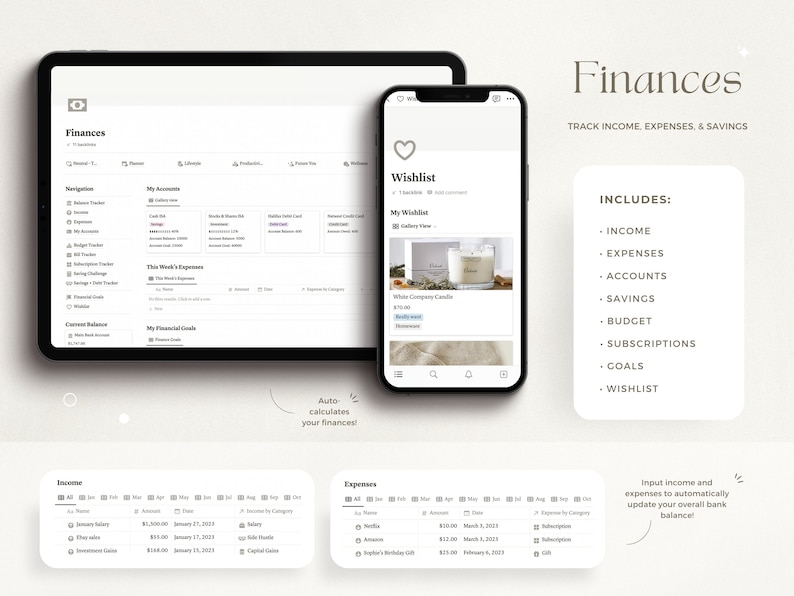 May include: A screenshot of a mobile app interface for managing finances. The app features a clean, modern design with a white background and black text. The app includes sections for income, expenses, accounts, savings, budget, subscriptions, goals, and a wishlist. The app also includes a feature to automatically update your overall bank balance.