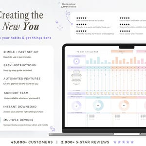 May include: A laptop screen shows a digital planner with a 75-day challenge layout. The screen displays charts and graphs in pastel colours. Text on the screen reads "Creating the New You" and highlights features like simple setup and instant download.