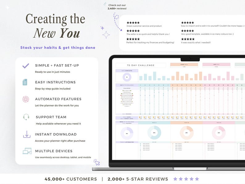 May include: A laptop screen shows a digital planner with a 75-day challenge layout. The screen displays charts and graphs in pastel colours. Text on the screen reads "Creating the New You" and highlights features like simple setup and instant download.