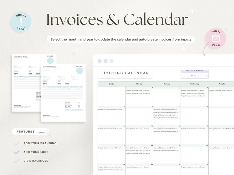May include: A digital interface showing invoices and a booking calendar. The text "Invoices & Calendar" is at the top. Features include adding branding, logos, and viewing balances. The calendar allows users to select the month and year.
