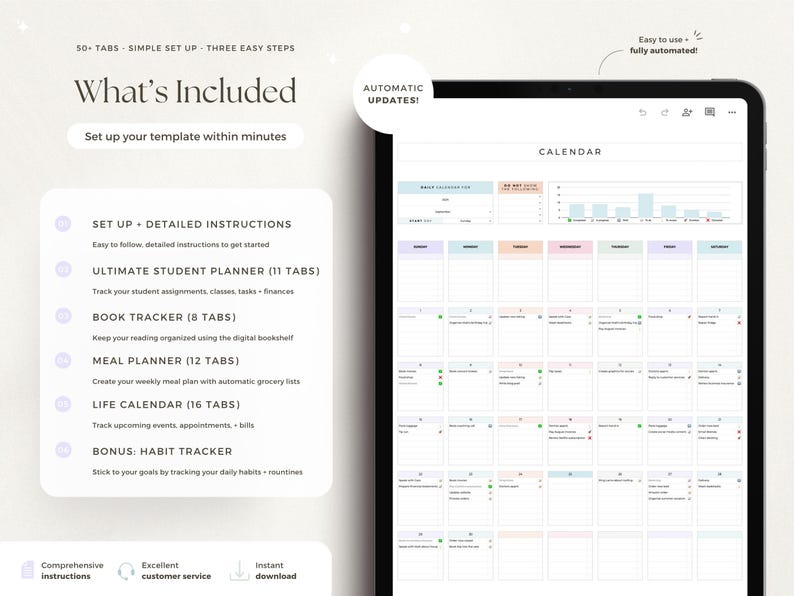 May include: Digital planner template displayed on a tablet. The screen shows a calendar layout with color-coded sections and a list of included features: student planner, book tracker, meal planner, and habit tracker. Text includes "What's Included" and "Automatic Updates!"