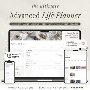 May include: An advertisement for the "Advanced Life Planner" displayed on a laptop, tablet, and smartphone. The planner includes 70 tabs and complete automation. The text reads "Design the life you can't wait to wake up to."