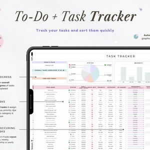 May include: A digital task tracker displayed on a tablet. The screen shows a detailed to-do list with sections for task name, status, due date, and priority. The interface includes charts and graphs for progress tracking and task management. Text on the screen reads "To-Do + Task Tracker".