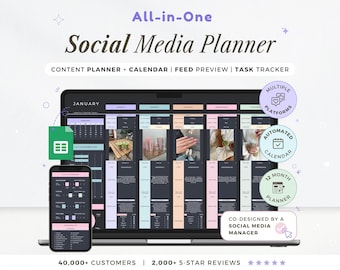 Op de afbeelding: Een digitale social media planner weergegeven op een laptop en smartphone. De planner bevat een contentkalender, feed preview en taaktracker. De afbeelding bevat ook de tekst "All-in-One Social Media Planner".