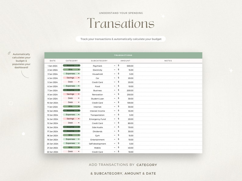 May include: A green and white printable budget tracker with the title "Transactions" and the text "Understand Your Spending". The tracker includes columns for date, category, subcategory, amount, and notes.