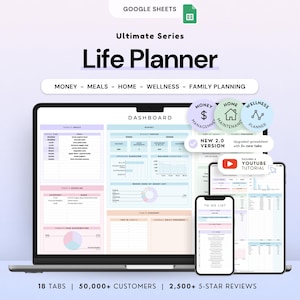 Könnte beinhalten: Ein digitaler Lebensplaner für Google Sheets mit dem Titel Ultimate Series Life Planner. Das Dashboard zeigt Bereiche für Geld, Mahlzeiten, Haushalt, Wellness und Familienplanung. Es enthält eine Smartphone- und Tablet-Ansicht, ein YouTube-Tutorial und 18 Registerkarten.