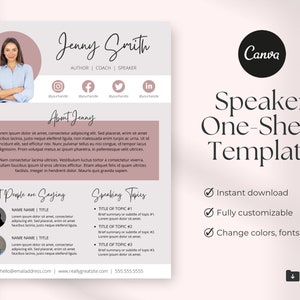 Speaker One Sheet Canva Template | One Pager | Author Media Kit | Introduction Sheet | Women Speakers
