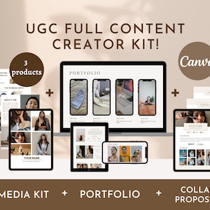 May include: A digital marketing kit for content creators, featuring a media kit, portfolio, and collaboration proposal. The kit is designed to be used with Canva and includes templates for each document. The image shows a laptop, two tablets, and three smartphones displaying the templates.