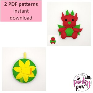 Op de afbeelding: Twee PDF-patronen voor viltwerk: een rode draak met groene vleugels en een gele narcis met groene bladeren. De patronen zijn direct te downloaden. De afbeelding bevat ook de tekst "the little pinky paw".