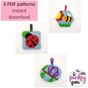 Può includere: Tre modelli di appliqué in feltro per cucire: una coccinella, un'ape e una farfalla. I modelli sono su uno sfondo bianco con il testo "3 PDF patterns instant download" in alto.