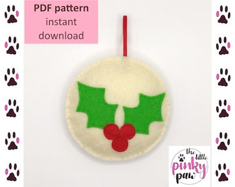Holly felt sewing pattern pdf tutorial (instant digital download), Christmas decoration ornament gift to make for friends and family