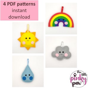 Può includere: Quattro modelli PDF stampabili per lavori di feltro. I modelli includono un arcobaleno, un sole, una nuvola e una goccia di pioggia. Ogni modello ha un viso carino con occhi sorridenti e una bocca.
