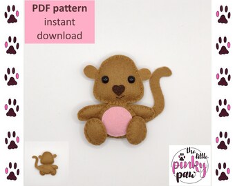 Monkey Felt Ornament Sewing Pattern, Animal Pocket Hug Decoration (PDF Download)