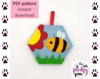Bee Felt Ornament Sewing Pattern, Minibeast Decoration (PDF Download)