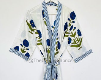 Beautiful Mughal Floral Cotton Kimono Robe, Indian Block Print Kimono, Maternity Robe, Loungewear, Swimwear, Gifts For Her