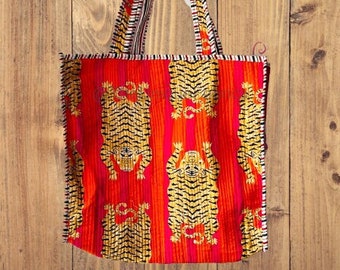 Sac fourre-tout en coton orange imprimé tigre, sac shopping femme, sac à bandoulière indien matelassé à la main, sac de marché femme, cadeau pour elle