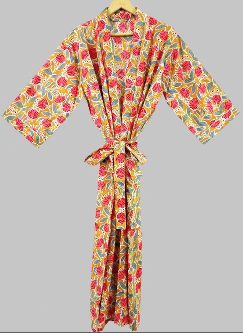 Peignoir kimono en coton, Peignoir de demoiselle d'honneur à carreaux, Vêtements de nuit d'été, Taille unique plus Mustard