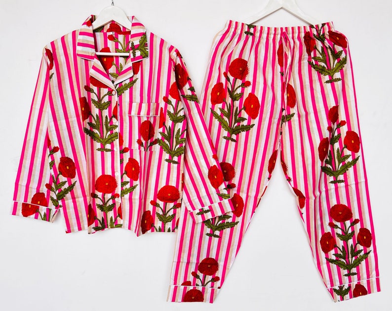 Red Floral Light weight Pajama Set, Indian Soft Cotton Pj Set, Summer Nightwear, Hand Block Print Pjs, Bridesmaid Pajamas, Bridal Party Pjs Czerwony