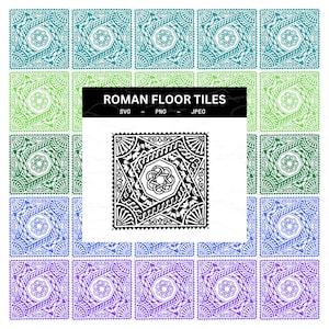 Puede incluir: Un conjunto de 25 diseños de baldosas de suelo romanas en blanco y negro. Las baldosas presentan un patrón geométrico repetitivo con una estrella central. El texto "ROMAN FLOOR TILES" se muestra sobre las baldosas.