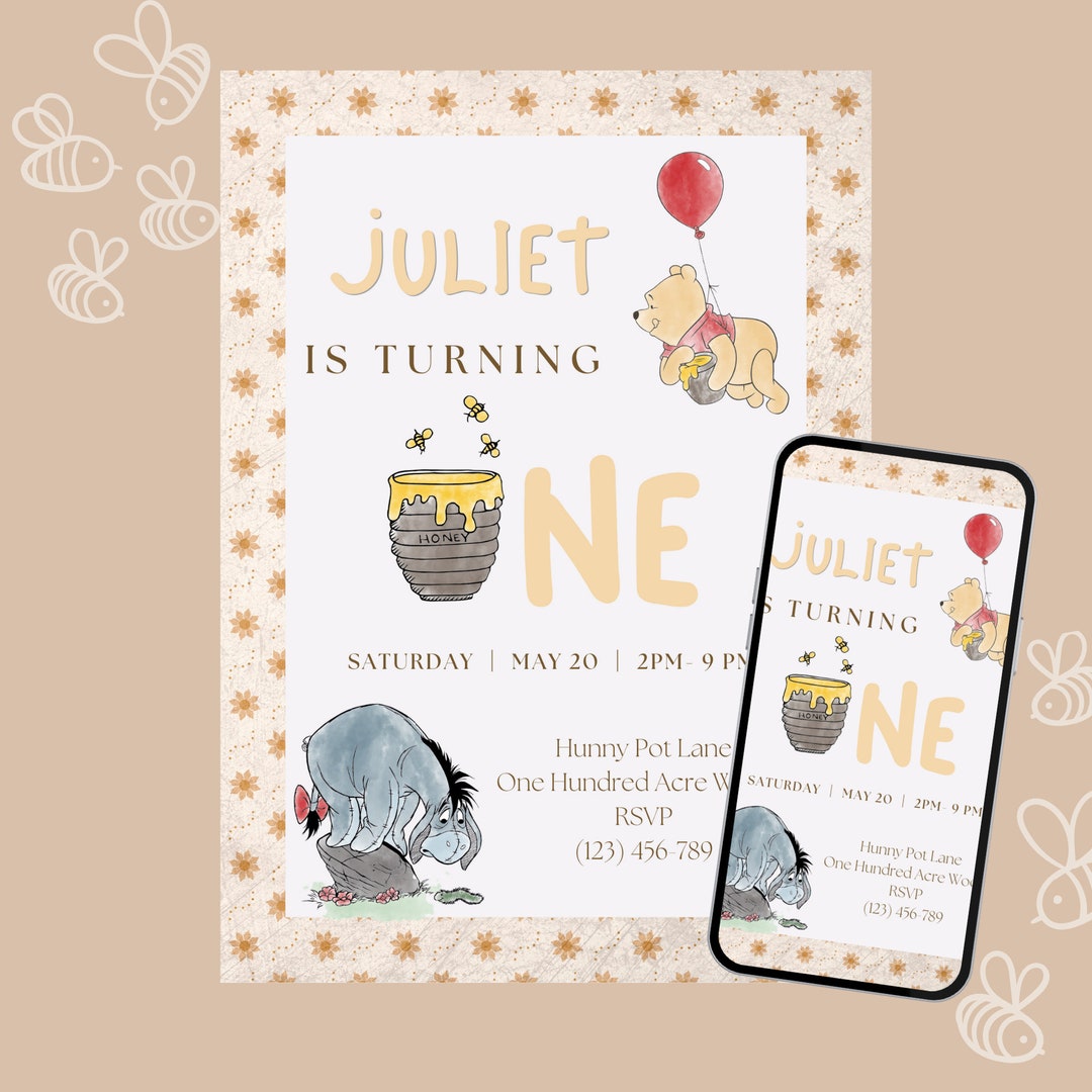 Neutral Winnie the Pooh First Birthday Invitation Etsy