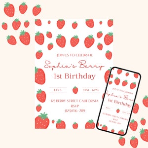 Editable l Berry First Birthday Invitation l First Strawberry Birthday Invite / E-vite