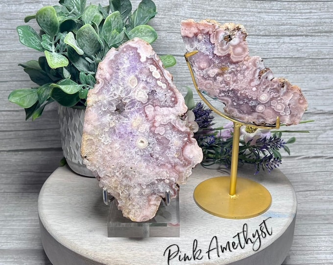 Druzy Pink Amethyst Slab, Pink Amethyst Slab on Stand, Pink Amethyst Slice, Stone of Universal Guidance
