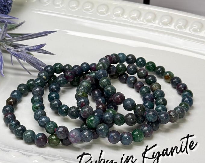 Ruby Kyanite Bracelet, Ruby in Kyanite, 7-8mm Round Beads, UV Reactive Crystal Bracelet