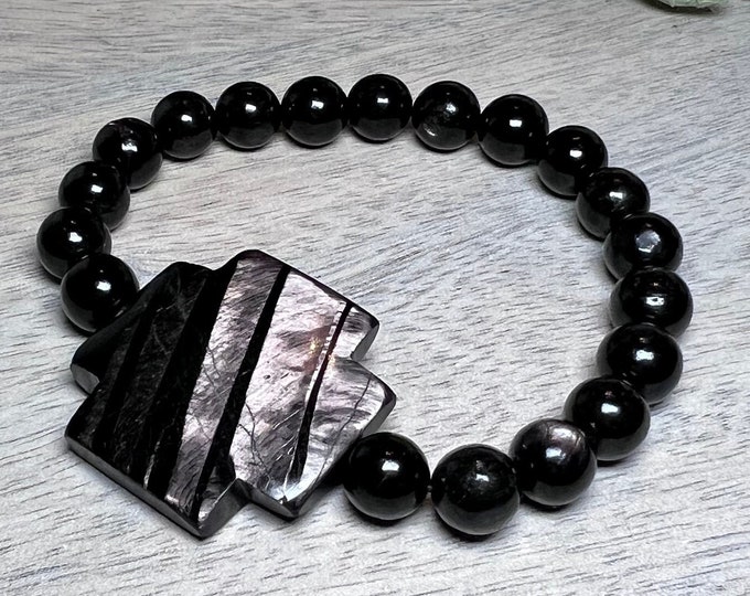 Hypersthene Bracelet, Beautiful Flashy Hypersthene Cross Bead 29mm x 30mm (double sided flash), Hypersthene 8-9mm Round Beads